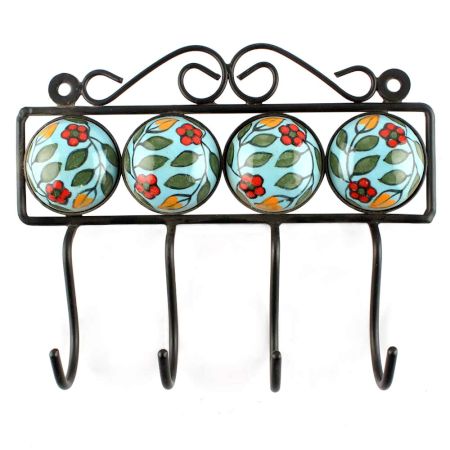 Turquoise With Green Leaf Ceramic Floral Tile Hook